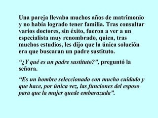 Una pareja llevaba muchos años de matrimonio y no había logrado tener familia. Tras consultar varios doctores, sin éxito, fueron a ver a un especialista muy renombrado, quien, tras muchos estudios, les dijo que la única solución era que buscaran un padre sustituto. “ ¿Y qué es un padre sustituto?”,  preguntó la señora. “ Es un hombre seleccionado con mucho cuidado y que hace, por única vez, las funciones del esposo para que la mujer quede embarazada”. 