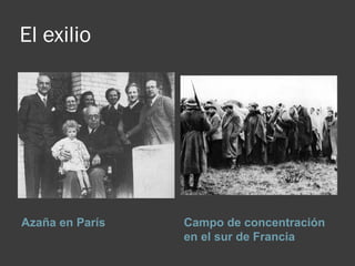El exilio
Azaña en París Campo de concentración
en el sur de Francia
 