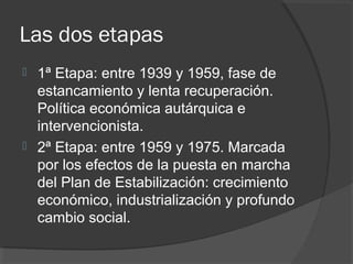 Las dos etapas
 1ª Etapa: entre 1939 y 1959, fase de
estancamiento y lenta recuperación.
Política económica autárquica e
intervencionista.
 2ª Etapa: entre 1959 y 1975. Marcada
por los efectos de la puesta en marcha
del Plan de Estabilización: crecimiento
económico, industrialización y profundo
cambio social.
 