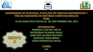 UNIVERSIDAD DE GUAYAQUIL FACULTAD DE CIENCIAS MATEMÁTICAS Y
FÍSICAS INGENIERÍA EN SISTEMAS COMPUTACIONALES
TEMA:
PLAN ANALÍTICO FECHA 02 DE SEPTIEMBRE DEL 2021
INTEGRANTES:
RAMIREZ CASTRO ARLIN
REDROBAN GUAMAN ISAAC
SANCHEZ SUAREZ MICHAEL
SORIANO VERA MIRKA
VERA RODRIGUEZ ISAAC
CURSO:
6-4
 