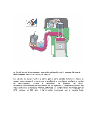 Al fin del tiempo de compresión, poco antes del punto muerto superior, la leva de
descompresión pasa por el cilindro del balancín.
Las válvulas de escape vuelven a abrirse por un corto período de tiempo y liberan la
presión (descompresión), lo que impide el reciclaje de la energía que resulta de la presión
de descompresión durante el movimiento de descenso del pistón.
Durante el accionamiento del freno motor, no hay inyección. Cuando las rotaciones del
motor disminuyen a menos de 900 rpm, el frenado por compresión se interrumpe, pero el
EPG continúa en 800 rpm. Y la inyección recomienza con la marcha lenta.
 