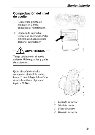 31
Comprobación del nivel
de aceite
1. Realice una prueba de
conducción y frene
utilizando el ralentizador.
2 Después de la prueba:
Conecte el encendido. Pulse
el botón de diagnosis para
drenar el acumulador.
ADVERTENCIA
!
Tenga cuidado con el aceite
caliente. Utilice guantes y gafas
de protección.
Quite el tapón de nivel y
compruebe el nivel de aceite,
hasta 10 mm debajo del orificio
de nivel está bien. Apriete el
tapón a 26 Nm.
Mantenimiento
1 Llenado de aceite
2 Nivel de aceite
3 Filtro de aceite
4 Drenaje de aceite
10:2283
1
2
3
4
116
670
 