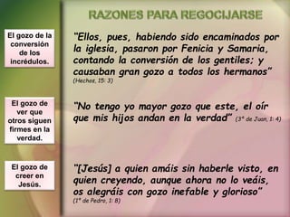 “Ellos, pues, habiendo sido encaminados por
la iglesia, pasaron por Fenicia y Samaria,
contando la conversión de los gentiles; y
causaban gran gozo a todos los hermanos”
(Hechos, 15: 3)
“No tengo yo mayor gozo que este, el oír
que mis hijos andan en la verdad” (3ª de Juan, 1: 4)
“[Jesús] a quien amáis sin haberle visto, en
quien creyendo, aunque ahora no lo veáis,
os alegráis con gozo inefable y glorioso”
(1ª de Pedro, 1: 8)
El gozo de la
conversión
de los
incrédulos.
El gozo de
ver que
otros siguen
firmes en la
verdad.
El gozo de
creer en
Jesús.
 