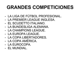 GRANDES COMPETICIONES LA LIGA DE FÚTBOL PROFESIONAL. LA PREMIER LEAGUE INGLESA. EL SCUDETTO ITALIANO. LA BUNDESLIGA ALEMANA. LA CHAMPIONS LEAGUE. LA EUROPA LEAGUE. LA COPA LIBERTADORES. LA COPA AMÉRICA. LA EUROCOPA. EL MUNDIAL. 