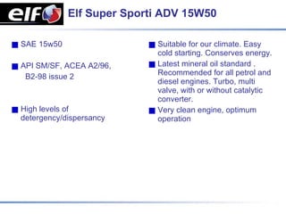 Elf Super Sporti ADV 15W50

SAE 15w50                  Suitable for our climate. Easy
                           cold starting. Conserves energy.
API SM/SF, ACEA A2/96,     Latest mineral oil standard .
                           Recommended for all petrol and
 B2-98 issue 2
                           diesel engines. Turbo, multi
                           valve, with or without catalytic
                           converter.
High levels of             Very clean engine, optimum
detergency/dispersancy     operation
 