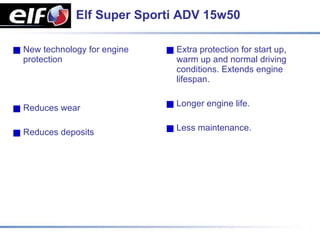 Elf Super Sporti ADV 15w50

New technology for engine   Extra protection for start up,
protection                  warm up and normal driving
                            conditions. Extends engine
                            lifespan.

                            Longer engine life.
Reduces wear

                            Less maintenance.
Reduces deposits
 