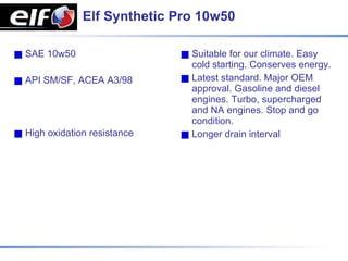 Elf Synthetic Pro 10w50

SAE 10w50                    Suitable for our climate. Easy
                             cold starting. Conserves energy.
API SM/SF, ACEA A3/98        Latest standard. Major OEM
                             approval. Gasoline and diesel
                             engines. Turbo, supercharged
                             and NA engines. Stop and go
                             condition.
High oxidation resistance    Longer drain interval
 
