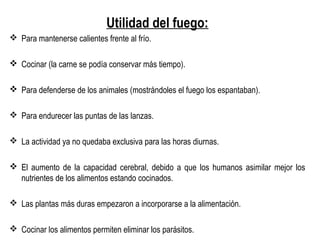 Utilidad del fuego:
 Para mantenerse calientes frente al frío.
 Cocinar (la carne se podía conservar más tiempo).
 Para defenderse de los animales (mostrándoles el fuego los espantaban).
 Para endurecer las puntas de las lanzas.
 La actividad ya no quedaba exclusiva para las horas diurnas.
 El aumento de la capacidad cerebral, debido a que los humanos asimilar mejor los
nutrientes de los alimentos estando cocinados.
 Las plantas más duras empezaron a incorporarse a la alimentación.
 Cocinar los alimentos permiten eliminar los parásitos.
 