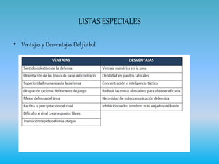 LISTAS ESPECIALES
• Ventajas y Desventajas Del futbol
 