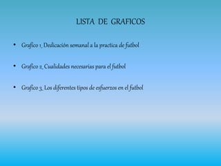 LISTA DE GRAFICOS
• Grafico 1_ Dedicación semanal a la practica de futbol
• Grafico 2_ Cualidades necesarias para el futbol
• Grafico 3_ Los diferentes tipos de esfuerzos en el futbol
 