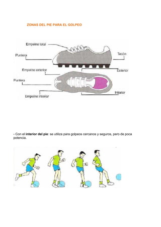 ZONAS DEL PIE PARA EL GOLPEO
- Con el interior del pie: se utiliza para golpeos cercanos y seguros, pero de poca
potencia.
 