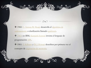  1960: C. Antony R. Hoare desarrolla el algoritmo de
ordenamiento o clasificación llamado quicksort.
 1961: en IBM, Kenneth Iverson inventa el lenguaje de
programación APL.
 1961: T. Kilburn y D. J. Howart describen por primera vez el
concepto de paginación de memoria.
 