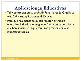 Aplicaciones Educativas Tal y como cita en su artículo Pere Marqués Graells La web 2.0 y sus aplicaciones didácticas Para que realmente se pueda realizar el trabajo educativo individual o en grupo frente un ordenador y el ciberespacio se requieren unas premisas básicas infraestructurales: Lisº William Vegazo Muro  [email_address] 