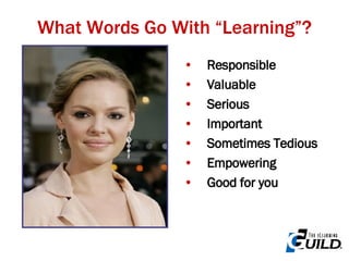 Responsible Valuable Serious Important Sometimes Tedious Empowering Good for you What Words Go With “Learning”? 