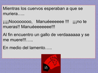 Mientras los cuervos esperaban a que se muriera….. ¡¡¡¡Noooooooo,  Manuéeeeeee !!!  ¡¡¡no te mueras!! Manuéeeeeeee!!! Al fin encuentro un gallo de verdaaaaaa y se me muere!!!….. En medio del lamento….. 