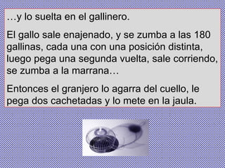 … y lo suelta en el gallinero.  El gallo sale enajenado, y se zumba a las 180 gallinas, cada una con una posición distinta, luego pega una segunda vuelta, sale corriendo, se zumba a la marrana… Entonces el granjero lo agarra del cuello, le pega dos cachetadas y lo mete en la jaula. 