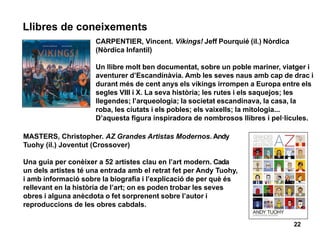 Llibres de coneixements
22
CARPENTIER, Vincent. Víkings! Jeff Pourquié (il.) Nòrdica
(Nòrdica Infantil)
Un llibre molt ben documentat, sobre un poble mariner, viatger i
aventurer d’Escandinàvia. Amb les seves naus amb cap de drac i
durant més de cent anys els víkings irrompen a Europa entre els
segles VIII i X. La seva història; les rutes i els saquejos; les
llegendes; l’arqueologia; la societat escandinava, la casa, la
roba, les ciutats i els pobles; els vaixells; la mitologia...
D’aquesta figura inspiradora de nombrosos llibres i pel·lícules.
MASTERS, Christopher. AZ Grandes Artistas Modernos. Andy
Tuohy (il.) Joventut (Crossover)
Una guia per conèixer a 52 artistes clau en l’art modern. Cada
un dels artistes té una entrada amb el retrat fet per Andy Tuohy,
i amb informació sobre la biografia i l’explicació de per què és
rellevant en la història de l’art; on es poden trobar les seves
obres i alguna anècdota o fet sorprenent sobre l’autor i
reproduccions de les obres cabdals.
 