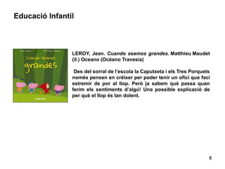 5
Educació Infantil
LEROY, Jean. Cuando seamos grandes. Matthieu Maudet
(il.) Oceano (Océano Travesía)
Des del sorral de l’escola la Caputxeta i els Tres Porquets
només pensen en créixer per poder tenir un ofici que faci
estremir de por al llop. Però ja sabem què passa quan
ferim els sentiments d’algú! Una possible explicació de
per què el llop és tan dolent.
 