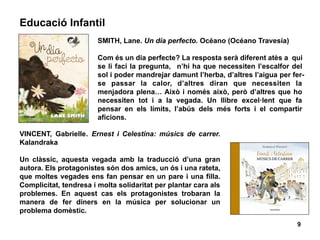 9
Educació Infantil
SMITH, Lane. Un día perfecto. Océano (Océano Travesía)
Com és un dia perfecte? La resposta serà diferent atès a qui
se li faci la pregunta, n’hi ha que necessiten l’escalfor del
sol i poder mandrejar damunt l’herba, d’altres l’aigua per fer-
se passar la calor, d’altres diran que necessiten la
menjadora plena… Això i només això, però d’altres que ho
necessiten tot i a la vegada. Un llibre excel·lent que fa
pensar en els límits, l’abús dels més forts i el compartir
aficions.
VINCENT, Gabrielle. Ernest i Celestina: músics de carrer.
Kalandraka
Un clàssic, aquesta vegada amb la traducció d’una gran
autora. Els protagonistes són dos amics, un ós i una rateta,
que moltes vegades ens fan pensar en un pare i una filla.
Complicitat, tendresa i molta solidaritat per plantar cara als
problemes. En aquest cas els protagonistes trobaran la
manera de fer diners en la música per solucionar un
problema domèstic.
 