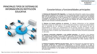 INVESTIGACIÓN Actividad
de aplicación y
transferencia

PRINCIPALES TIPOS DE SISTEMAS DE
INFORMACIÓN EN INSTITUCIÓN
EDUCATIVA

Características y funcionalidades principales
1. Sistemas de información NO integrados.- La mayoría de instituciones cuenta con un sistema
para la gestión académica que muchas veces es un desarrollo propio, un sistema administrativo
(ERP) que fue adquirido a un proveedor y un sistema de educación a distancia que es software
libre, el principal problema es que la gerencia de la institución no puede tener información
consolidada en tiempo real, por lo que el área de sistemas tiene que utilizar recursos para
consolidar la información de todos los sistemas que trabajan de manera independiente y en
algunos casos inclusive en distintas plataformas.
2. Sistemas sin buenas prácticas en procesos.- En algunas instituciones se han realizado
desarrollos propios ha medida para lo cual la institución contrata un equipo de programadores
para el desarrollo de sus sistemas, el principal problema con esta práctica es que los
programadores se limitan a la automatización de los procesos actuales sin analizar si estos
procesos se vienen realizando de manera correcta o si están utilizando buenas prácticas, al final
la institución tiene un sistema cuyo mantenimiento se realiza de manera frecuente ocasionando
un alto costo.
3. Sistemas comerciales adaptados a una realidad educativa.- En relación a los sistemas
administrativos encontrados casi en su totalidad han sido proporcionados por proveedores que
han implementado sistemas comerciales sin experiencia en el sector educativo lo que ha
ocasionado que dichos sistemas no cubran todas las necesidades propias de una institución
educativa y tengan que utilizar interfases para comunicarse con otros sistemas como el
académico.
4. Sistemas de gestión académica de otros países.- Algunas instituciones han adquirido sistemas
de gestión académica de proveedores extranjeros, el principal problema ha sido la
personalización de dichos sistemas a la realidad peruana ya que los procesos son totalmente
distintos a los manejados en otros países, la implementación de estos sistemas implican un alto
costo de mantenimiento y no han podido cubrir las necesidades de las instituciones educativas
de nuestro país.

Nota. Fuente:Edutiva. (13 de Junio de 2009). Campus Virtual Edutiva. Obtenido de Campus Virtual Edutiva: http://edutiva.blogspot.com/

 