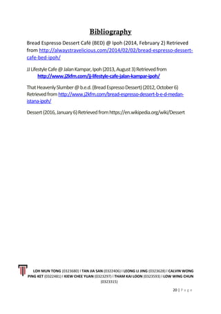 Bibliography
Bread Espresso Dessert Café (BED) @ Ipoh (2014, February 2) Retrieved
from http://alwaystravelicious.com/2014/02/02/bread-espresso-dessert-
cafe-bed-ipoh/
JJLifestyleCafe@JalanKampar,Ipoh(2013,August3)Retrievedfrom
http://www.j2kfm.com/jj-lifestyle-cafe-jalan-kampar-ipoh/
ThatHeavenlySlumber@b.e.d.(BreadEspressoDessert)(2012,October6)
Retrievedfrom http://www.j2kfm.com/bread-espresso-dessert-b-e-d-medan-
istana-ipoh/
Dessert(2016,January6)Retrievedfromhttps://en.wikipedia.org/wiki/Dessert
LOH MUN TONG (0323680) l TAN JIA SAN (0322406) l LEONG LI JING (0323628) l CALVIN WONG
PING KET (0322481) l KIEW CHEE YUAN (0323297) l THAM KAI LOON (0323593) l LOW WING CHUN
(0323315)
20 | P a g e
 