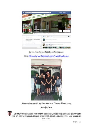 Sweet Hug House Facebook homepage
Link: https://www.facebook.com/sweethughouse
Group photo with Ng Kam Wai and Cheong Phooi Leng
Haraju Cube
LOH MUN TONG (0323680) l TAN JIA SAN (0322406) l LEONG LI JING (0323628) l CALVIN WONG
PING KET (0322481) l KIEW CHEE YUAN (0323297) l THAM KAI LOON (0323593) l LOW WING CHUN
(0323315)
30 | P a g e
 