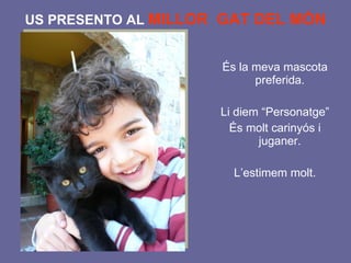 US PRESENTO AL   MILLOR  GAT DEL MÓN És la meva mascota preferida.  Li diem “Personatge” És molt carinyós i juganer.  L’estimem molt. 
