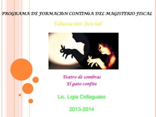 PROGRAMA DE FORMACIÓN CONTINÚA DEL MAGISTERIO FISCAL

Educación Inicial

Teatro de sombras
El gato confite

Lic. Ligia Collaguaso
2013-2014

 