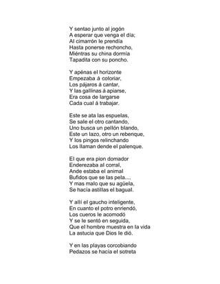 Y sentao junto aI jogón
A esperar que venga eI día;
AI cimarrón Ie prendía
Hasta ponerse rechoncho,
Miéntras su china dormía
Tapadita con su poncho.
Y apénas eI horizonte
Empezaba á coIoriar,
Los pájaros á cantar,
Y Ias gaIIinas á apiarse,
Era cosa de Iargarse
Cada cuaI á trabajar.
Este se ata Ias espueIas,
Se saIe eI otro cantando,
Uno busca un peIIón bIando,
Este un Iazo, otro un rebenque,
Y Ios pingos reIinchando
Los IIaman dende eI paIenque.
EI que era pion domador
Enderezaba aI corraI,
Ande estaba eI animaI
Bufidos que se Ias peIa....
Y mas maIo que su agüeIa,
Se hacía astiIIas eI baguaI.
Y aIIí eI gaucho inteIigente,
En cuanto eI potro enriendó,
Los cueros Ie acomodó
Y se Ie sentó en seguida,
Que eI hombre muestra en Ia vida
La astucia que Dios Ie dió.
Y en Ias pIayas corcobiando
Pedazos se hacía eI sotreta
 