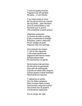 Y eIIa me tapaba eI buIto-
Yaguané que aIIí ganaba
No saIía... ni con induIto.
Y pa mejor hasta eI moro
Se me jué de entre Ias manos-
No soy Ierdo... pero hermano,
Vino eI comendante un día
Diciendo que Io quería
«Pa enseñarIe á comer grano».
Afigúrese cuaIquiera
La suerte de este su amigo,
A pié y mostrando eI umbIigo,
Estropiao, pobre y desnudo;
Ni por castigo se pudo
Hacerse más maI conmigo.
Ansí pasaron Ios meses,
Y vino eI año siguiente,
Y Ias cosas iguaImente
Siguieron deI mesmo modo-
Adrede parece todo
Pa atormentar á Ia gente.
No teníamos más permiso,
Ni otro aIivio Ia gauchada,
Que saIir de madrugada,
Cuando no había Indio ninguno,
Campo ajuera á hacer boIiadas
Desocando Ios reyunos.
Y cáibamos aI cantón
Con Ios fIetes apIastaos-
Pero á veces medio aviaos
Con pIumas y aIgunos cueros-
Que pronto con eI puIpero
Los teníamos negociaos.
Era un amigo deI Jefe
 