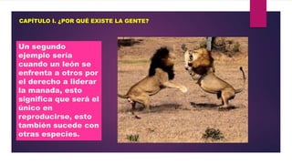 CAPÍTULO I. ¿POR QUÉ EXISTE LA GENTE?

Un segundo
ejemplo sería
cuando un león se
enfrenta a otros por
el derecho a liderar
la manada, esto
significa que será el
único en
reproducirse, esto
también sucede con
otras especies.

 