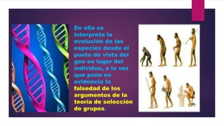 En ella se
interpreta la
evolución de las
especies desde el
punto de vista del
gen en lugar del
individuo, a la vez
que pone en
evidencia la
falsedad de los
argumentos de la
teoría de selección
de grupos.

 