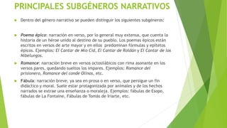 PRINCIPALES SUBGÉNEROS NARRATIVOS
 Dentro del género narrativo se pueden distinguir los siguientes subgéneros:
 Poema épico: narración en verso, por lo general muy extensa, que cuenta la
historia de un héroe unido al destino de su pueblo. Los poemas épicos están
escritos en versos de arte mayor y en ellos predominan fórmulas y epítetos
épicos. Ejemplos: El Cantar de Mío Cid, El Cantar de Roldán y El Cantar de los
Nibelungos.
 Romance: narración breve en versos octosilábicos con rima asonante en los
versos pares, quedando sueltos los impares. Ejemplos: Romance del
prisionero, Romance del conde Olinos, etc.
 Fábula: narración breve, ya sea en prosa o en verso, que persigue un fin
didáctico y moral. Suele estar protagonizada por animales y de los hechos
narrados se extrae una enseñanza o moraleja. Ejemplos: fábulas de Esopo,
fábulas de La Fontaine, Fábulas de Tomás de Iriarte, etc.
 