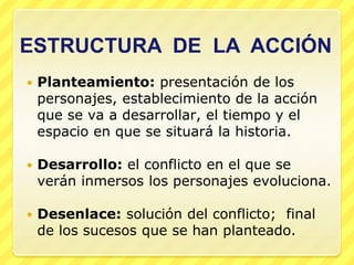 ESTRUCTURA DE LA ACCIÓN
   Planteamiento: presentación de los
    personajes, establecimiento de la acción
    que se va a desarrollar, el tiempo y el
    espacio en que se situará la historia.

   Desarrollo: el conflicto en el que se
    verán inmersos los personajes evoluciona.

   Desenlace: solución del conflicto; final
    de los sucesos que se han planteado.
 