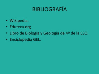 BIBLIOGRAFÍA
• Wikipedia.
• Eduteca.org
• Libro de Biología y Geología de 4º de la ESO.
• Enciclopedia GEL.
 