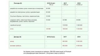 На первом этапе планируется привлечь $94 000 инвестиций за 5%акций
или краудфандинговая кампания с бонусами в виде устройств.
 
