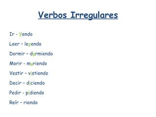 Verbos Irregulares Ir - Y endo Leer – le y endo Dormir – d u rmiendo Morir - m u riendo Vestir – v i stiendo Decir – d i ciendo Pedir - p i diendo Reír – riendo