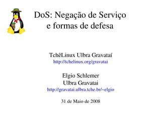 DoS: Negação de Serviço
  e formas de defesa


    TchêLinux Ulbra Gravataí
      http://tchelinux.org/gravatai

           Elgio Schlemer
           Ulbra Gravatai
   http://gravatai.ulbra.tche.br/~elgio

          31 de Maio de 2008
 