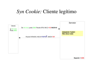 Syn Cookie: Cliente legítimo

                                                                           Servidor
 Cliente
              De 10.1.0.4, porta 3000 Pacote SYN, NS-C=100 NACK=0
Ip 10.1.0.4
Porta 3000
                                                                    ESQUECE TUDO!!
                                                                    Não aloca nada
                    Pacote SYN/ACK, NS-S=1737737, NACK=101




                                                                                Segredo = 3456
 