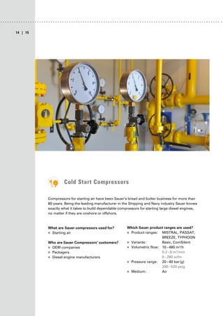 | 15
14
Cold Start Compressors
Compressors for starting air have been Sauer’s bread and butter business for more than
80 years. Being the leading manufacturer in the Shipping and Navy industry Sauer knows
exactly what it takes to build dependable compressors for starting large diesel engines,
no matter if they are onshore or offshore.
What are Sauer compressors used for?
■
■ Starting air
Who are Sauer Compressors’ customers?
■
■ OEM companies
■
■ Packagers
■
■ Diesel engine manufacturers
Which Sauer product ranges are used?
■
■ Product ranges: MISTRAL, PASSAT,
BREEZE, TYPHOON
■
■ Variants: Basic, ComSilent
■
■ Volumetric flow: 10–480 m³/h
0.2–8 m³/min
6–280 scfm
■
■ Pressure range: 20–40 bar(g)
290–520 psig
■
■ Medium: Air
 