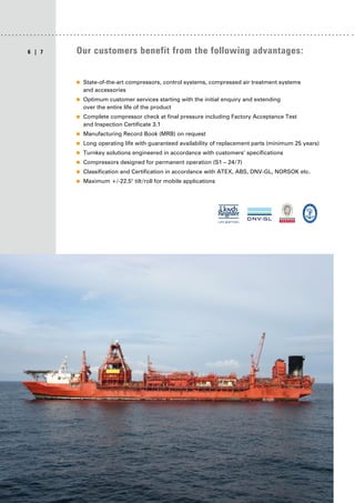 |
6 7 Our customers benefit from the following advantages:
■
■ State-of-the-art compressors, control systems, compressed air treatment systems
and accessories
■
■ Optimum customer services starting with the initial enquiry and extending
over the entire life of the product
■
■ Complete compressor check at final pressure including Factory Acceptance Test
and Inspection Certificate 3.1
■
■ Manufacturing Record Book (MRB) on request
■
■ Long operating life with guaranteed availability of replacement parts (minimum 25 years)
■
■ Turnkey solutions engineered in accordance with customers’ specifications
■
■ Compressors designed for permanent operation (S1 – 24/7)
■
■ Classification and Certification in accordance with ATEX, ABS, DNV-GL, NORSOK etc.
■
■ Maximum +/-22.5° tilt/roll for mobile applications
 