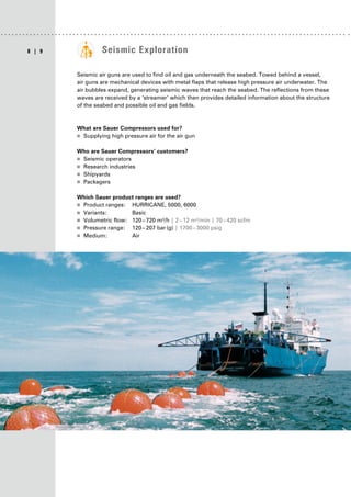 |
8 9 Seismic Exploration
Seismic air guns are used to find oil and gas underneath the seabed. Towed behind a vessel,
air guns are mechanical devices with metal flaps that release high pressure air underwater. The
air bubbles expand, generating seismic waves that reach the seabed. The reflections from these
waves are received by a ‘streamer’ which then provides detailed information about the structure
of the seabed and possible oil and gas fields.
What are Sauer Compressors used for?
■
■ Supplying high pressure air for the air gun
Who are Sauer Compressors’ customers?
■
■ Seismic operators
■
■ Research industries
■
■ Shipyards
■
■ Packagers
Which Sauer product ranges are used?
■
■ Product ranges: HURRICANE, 5000, 6000
■
■ Variants: Basic
■
■ Volumetric flow: 120–720 m³/h | 2–12 m³/min | 70–420 scfm
■
■ Pressure range: 120–207 bar(g) | 1700–3000 psig
■
■ Medium: Air
 