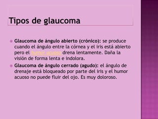    Glaucoma de ángulo abierto (crónico): se produce
    cuando el ángulo entre la córnea y el iris está abierto
    pero el humor acuoso drena lentamente. Daña la
    visión de forma lenta e indolora.
   Glaucoma de ángulo cerrado (agudo): el ángulo de
    drenaje está bloqueado por parte del iris y el humor
    acuoso no puede fluir del ojo. Es muy doloroso.
 