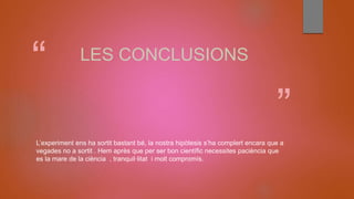 “
”
LES CONCLUSIONS
L’experiment ens ha sortit bastant bé, la nostra hipòtesis s’ha complert encara que a
vegades no a sortit . Hem après que per ser bon científic necessites paciència que
es la mare de la ciència , tranquil·litat i molt compromís.
 