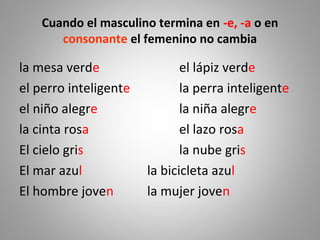 Cuando el masculino termina en -e, -a o en
consonante el femenino no cambia
la mesa verde el lápiz verde
el perro inteligente la perra inteligente
el niño alegre la niña alegre
la cinta rosa el lazo rosa
El cielo gris la nube gris
El mar azul la bicicleta azul
El hombre joven la mujer joven