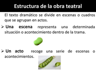 Estructura de la obra teatral
 El texto dramático se divide en escenas o cuadros
 que se agrupan en actos.
 Una escena representa una determinada
 situación o acontecimiento dentro de la trama.



 Un acto      recoge una serie de escenas o
 acontecimientos.
 