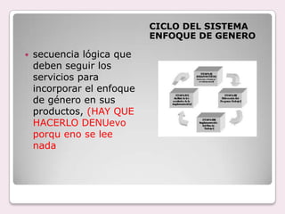 CICLO DEL SISTEMA
ENFOQUE DE GENERO
 secuencia lógica que
deben seguir los
servicios para
incorporar el enfoque
de género en sus
productos, (HAY QUE
HACERLO DENUevo
porqu eno se lee
nada
 