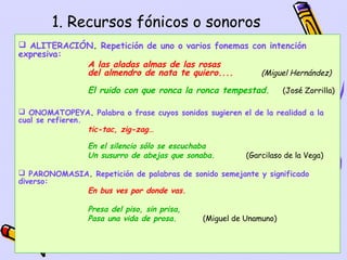 1. Recursos fónicos o sonoros
 ALITERACIÓN. Repetición de uno o varios fonemas con intención
expresiva:
            A las aladas almas de las rosas
            del almendro de nata te quiero....      (Miguel Hernández)

                 El ruido con que ronca la ronca tempestad.     (José Zorrilla)

 ONOMATOPEYA. Palabra o frase cuyos sonidos sugieren el de la realidad a la
cual se refieren.
                  tic-tac, zig-zag…

                 En el silencio sólo se escuchaba
                 Un susurro de abejas que sonaba.         (Garcilaso de la Vega)

 PARONOMASIA. Repetición de palabras de sonido semejante y significado
diverso:
             En bus ves por donde vas.

                 Presa del piso, sin prisa,
                 Pasa una vida de prosa.         (Miguel de Unamuno)


                                                               13
 