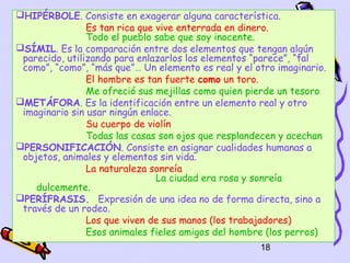 HIPÉRBOLE. Consiste en exagerar alguna característica.
                Es tan rica que vive enterrada en dinero.
                Todo el pueblo sabe que soy inocente.
SÍMIL. Es la comparación entre dos elementos que tengan algún
 parecido, utilizando para enlazarlos los elementos “parece”, “tal
 como”, “como”, “más que”… Un elemento es real y el otro imaginario.
                El hombre es tan fuerte como un toro.
                Me ofreció sus mejillas como quien pierde un tesoro
METÁFORA. Es la identificación entre un elemento real y otro
 imaginario sin usar ningún enlace.
                Su cuerpo de violín
                Todas las casas son ojos que resplandecen y acechan
PERSONIFICACIÓN. Consiste en asignar cualidades humanas a
 objetos, animales y elementos sin vida.
                La naturaleza sonreía
                                La ciudad era rosa y sonreía
    dulcemente.
PERÍFRASIS. Expresión de una idea no de forma directa, sino a
 través de un rodeo.
                Los que viven de sus manos (los trabajadores)
                Esos animales fieles amigos del hombre (los perros)
                                                     18
 