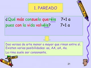 1. PAREADO

¿Qué más consuelo queréis            7+1 a
pues con la vida volvéis?            7+1 a



Dos versos de arte menor o mayor que riman entre sí.
Existen varias posibilidades: aa, AA, aA, Aa.
La rima suele ser consonante.


                                          21
 